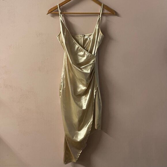 Better Be Champagne Gold Asymmetrical Bodycon Dress Size M - Picture 11 of 12